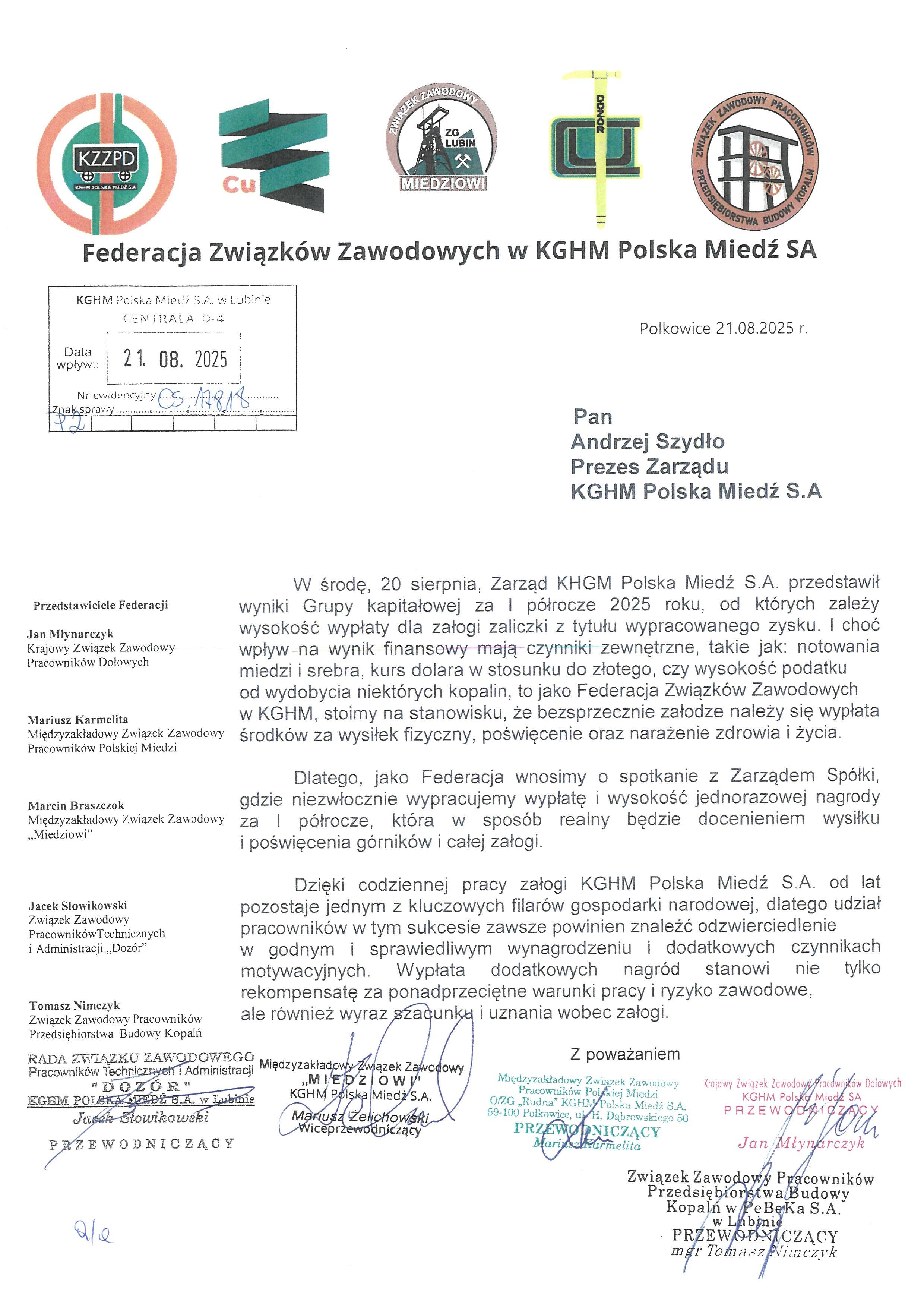 Załoga KGHM domaga się jednorazowej nagrody