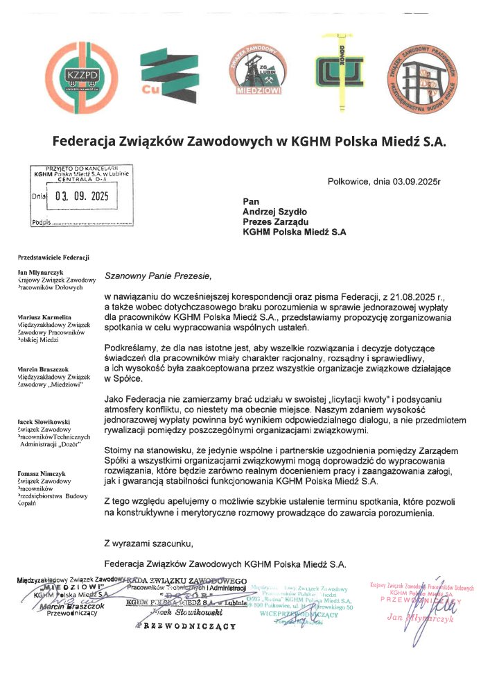 Zamiast licytacji kwoty ważniejsze zawarcie porozumienia. Zdrowy rozsądek liderów Federacji związkowców KGHM