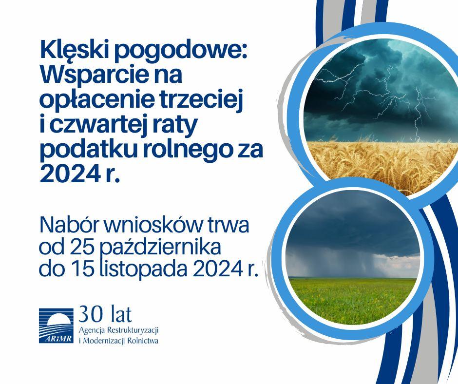 Klęski pogodowe: Wsparcie na opłacenie trzeciej i czwartej raty podatku rolnego za 2024 r.