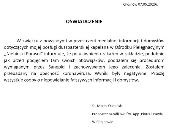 Oświadczenie kapelana Niebieskiego Parasola