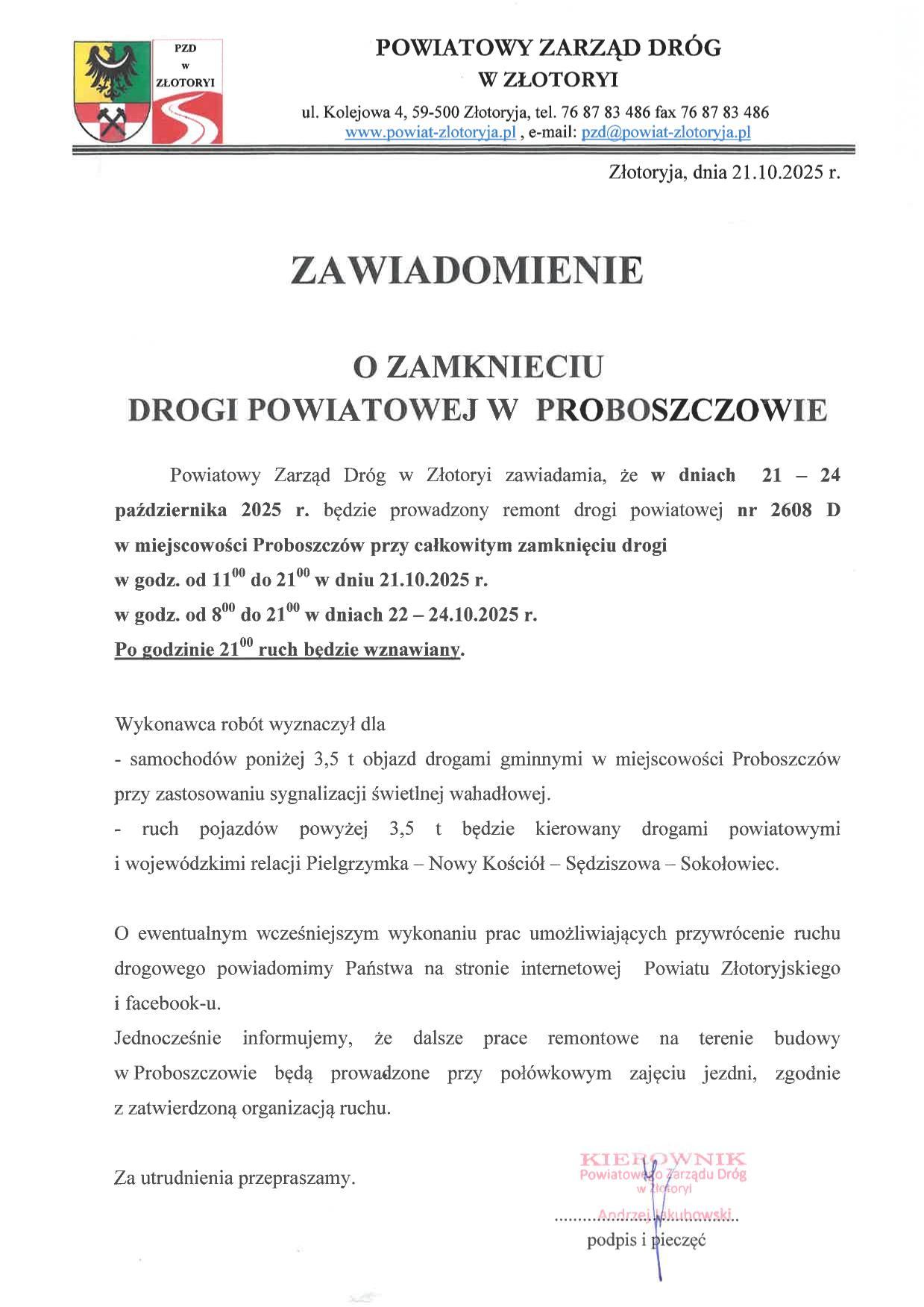 Droga w Proboszczowie zamknięta