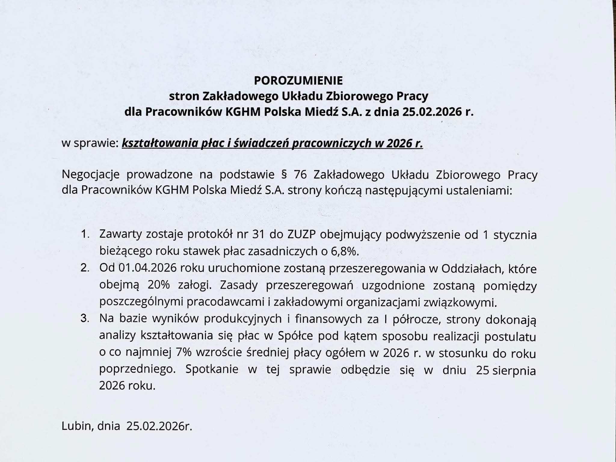 Porozumienie płacowe w KGHM – podwyżki o 6,8% i przeszeregowania dla pracowników
