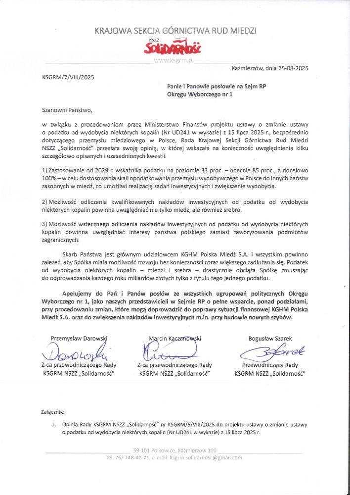 Miedziowa Solidarność Górnicza mobilizuje posłów w sprawie tzw. podatku od wydobycia kopalin